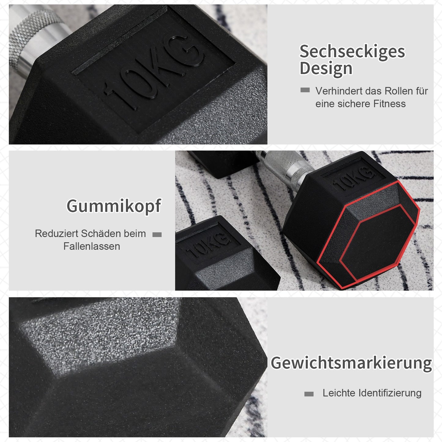 Hexagon Kurzhanteln Gusseisen Hanteln Griff Gerändelt Gewichte 2 X 10 KG