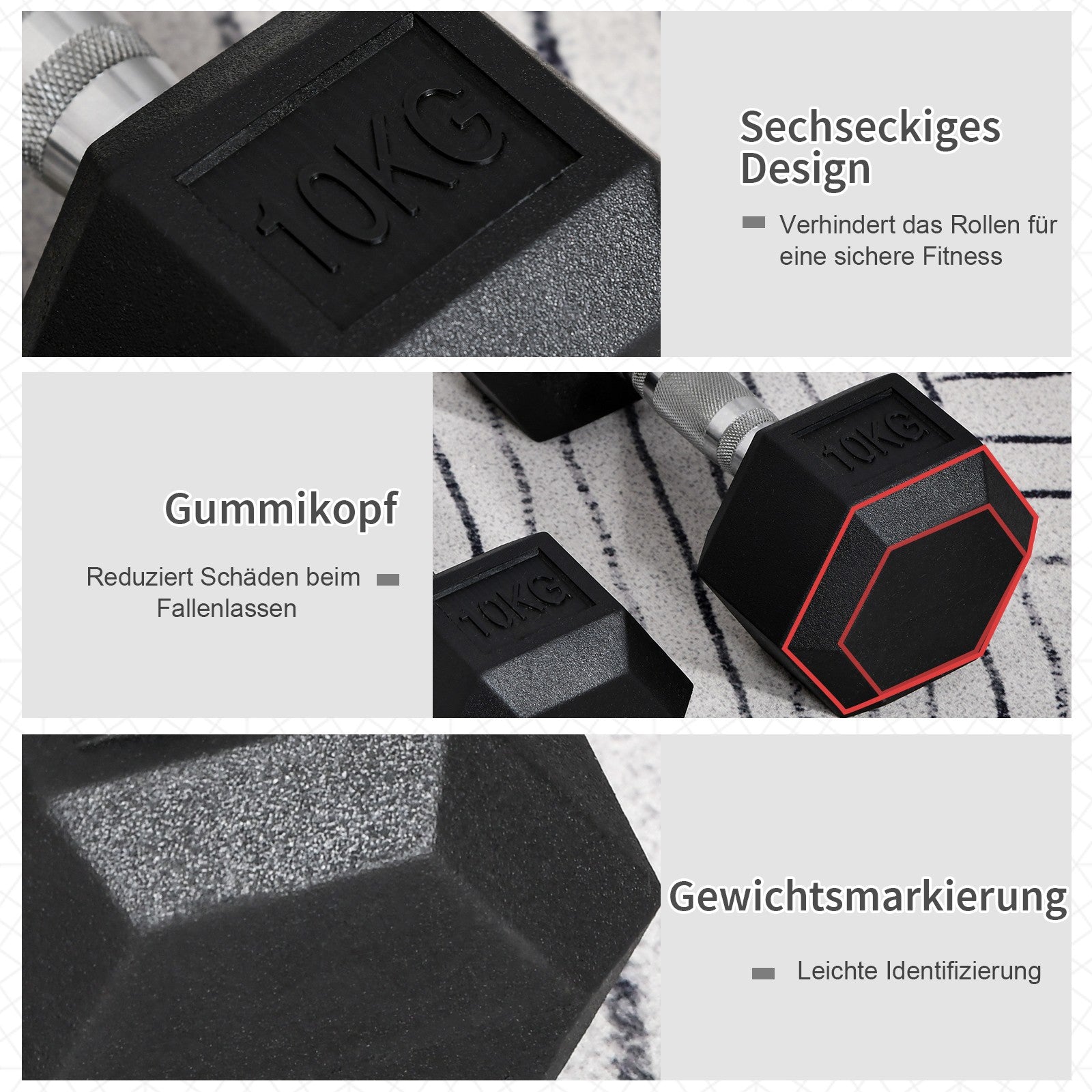 Hexagon Kurzhanteln Gusseisen Hanteln Griff Gerändelt Gewichte 2 X 10 KG