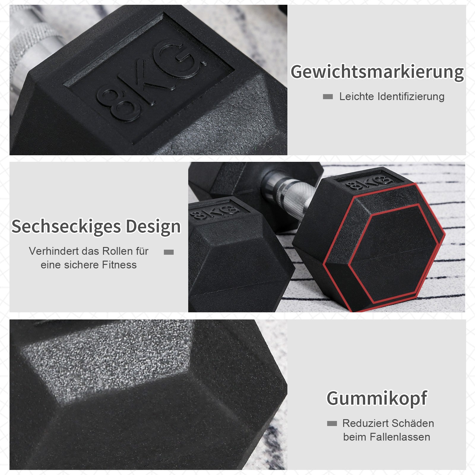 Hexagon Kurzhanteln Gusseisen Hanteln Griff Gerändelt Gewichte 2 X 8 KG